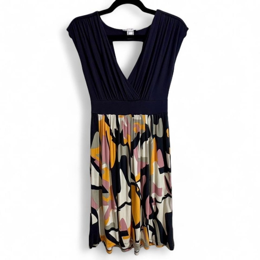 Venus Lascana Dress Navy Wrap Ruched Pleated Abstract Artsy resortwear Size S
